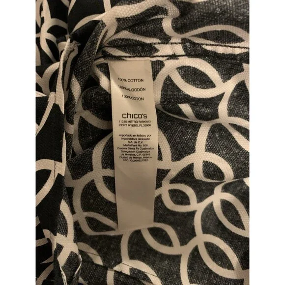 Chicos Size 3 Womens XL No Iron Shirt Black White Button Up 100% Cotton - Picture 4 of 7